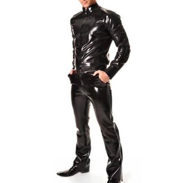 

Latex Uniform Men Pure Black Top and Pants Suit With Pocket Size XXS-XXL