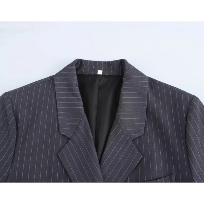 ONKOGENE Dünne Gestreifte Zweireiher Blazer Frauen Kleidung Herbst Lose Büro Dame Tasche Dekoration Woamn Mantel Weibliche Blazer