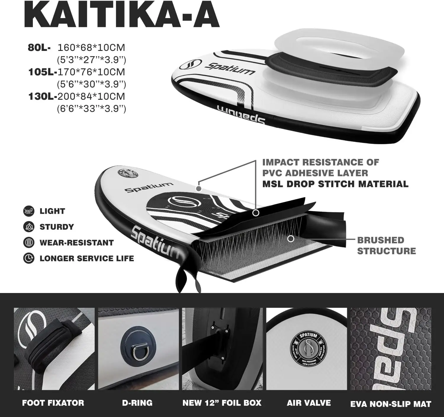 Deska hydrofoilowa Spatium do surfowania z akcesoriami hydrofoilowymi: pompka do pompowania, plecak, bezpieczna smycz, zestaw naprawczy hydrofoil szary