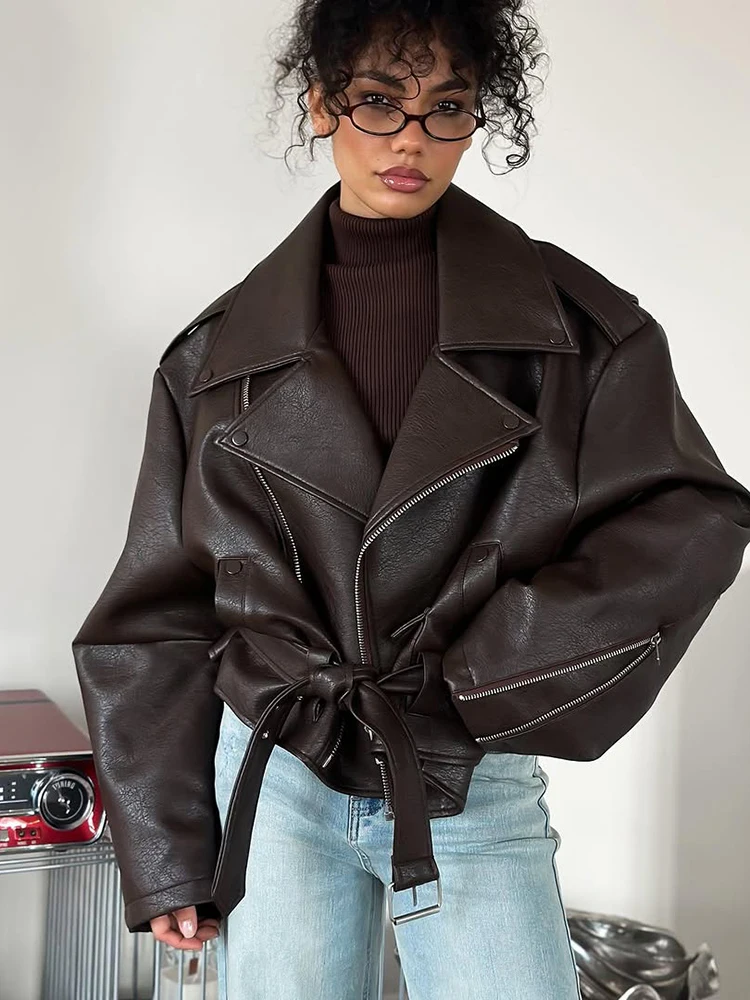 سترة قصيرة من الجلد البني بكتف عريض للنساء، سترات عصرية بأكمام طويلة وياقة من البولي يوريثان، سترة جديدة بزر واحد، ملابس خارجية يومية للشارع #6