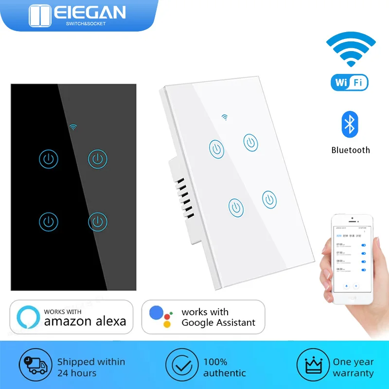 

ELEGAN WiFi Smart Switch US Standard 1/2/3/4 Gang Wall Touch Light Switch Smart Home Timer Voice Control Works With Alexa Google