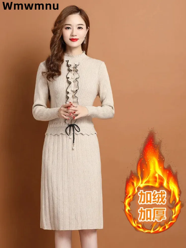 Elegant Flounce Midi Knitted Dress Korean Bottoming Sweater Vestido Fashion Draw String Straight Unique Knitwear Robes Mujer New