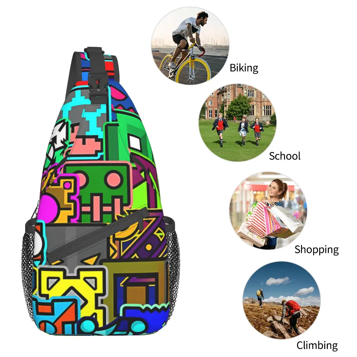 Cool Crossbody Chest Bags for Teens, Geometry Pattern Pockets, Travel Pack, Messenger Sports, Initiated Bag, Unisex