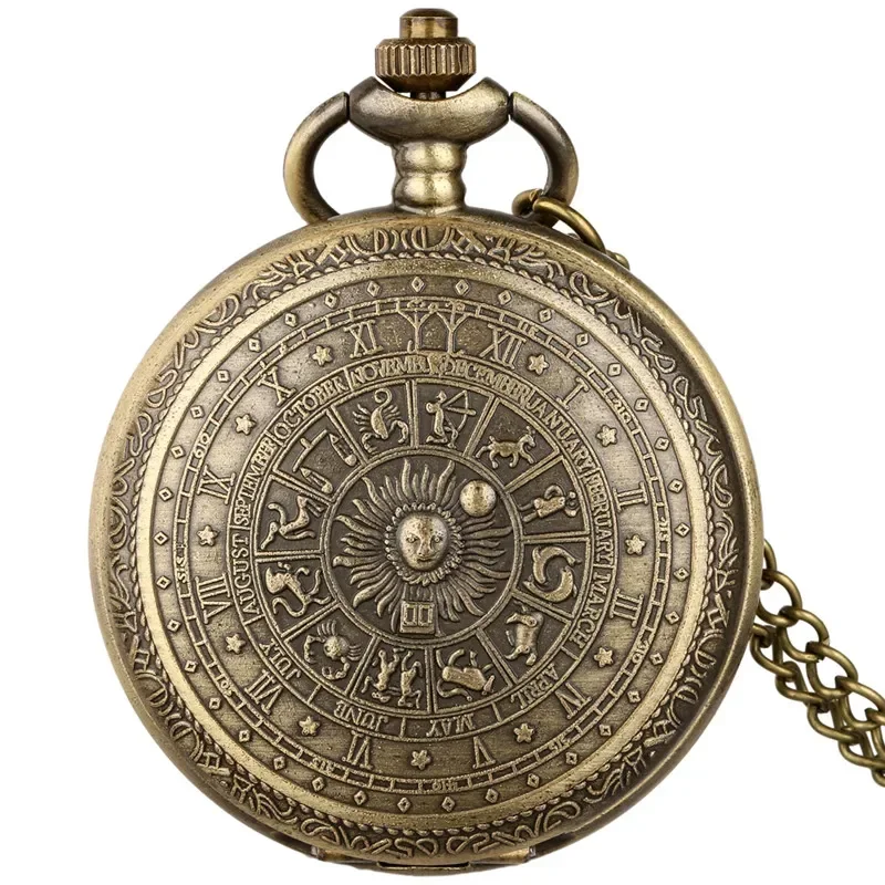 Engraved Constellation Full Hunter Antique Quartz Pocket Watch for Men Women Necklace Pendant Chain Collectable Timepiece