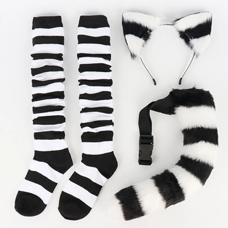 3 Pcs Cat-Costume Set Cat-Ears Headband Striped Stockings Tail for Kids-Adults