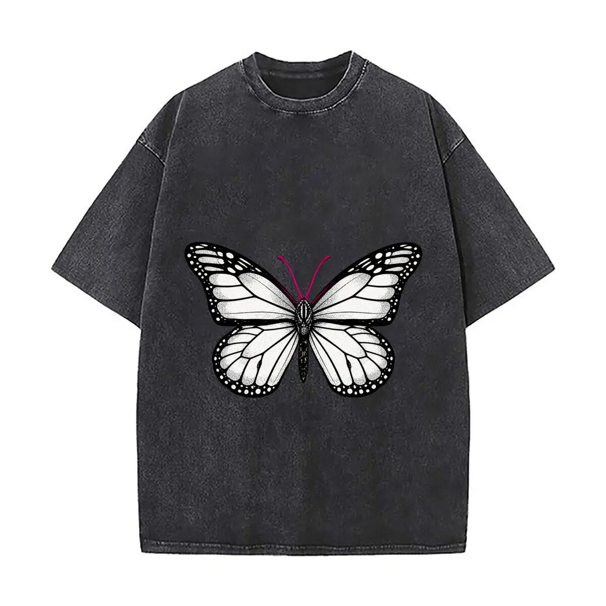 Black White Butterfly With Pink Antennae Wing Design Washed Short Sleeve Loose Streetwear Tee Hip Hop