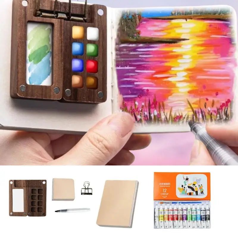 Watercolor Travel Set Pocket Sketch Set For Outdoor Watercolor Palette Sketch Book Watercolor Paints Pens With Binder Clips For