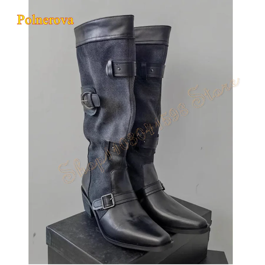 

Vintage Canvas Leather Patchwork Boots,Belt Buckle Knee High Boots Round Toe Thick Heel Women Boots 2023 New Zapatos Para Mujere