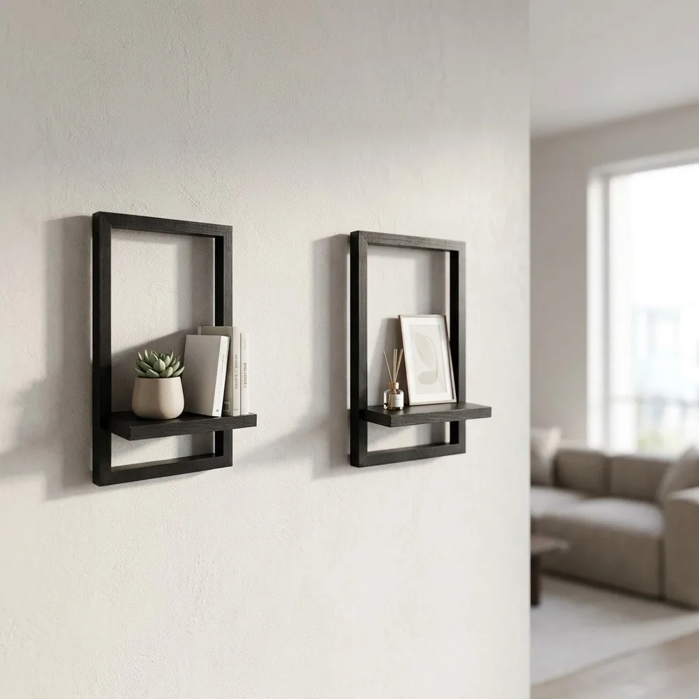 Modern Floating Shelves Set 2 pcs Solid Pine Wood 19.5 x 30 cm for Indoor Plants Wall Decor Natural Black Finish