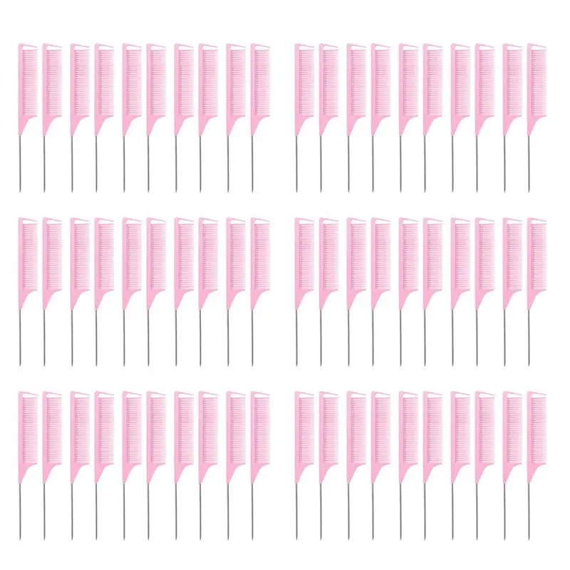 KYCOR-60 Pieces Parting Comb For Braids Hair Rat Tail Comb Steel Pin Rat Tail Carbon Fiber Heat Resistant Teasing Combs(Pink)