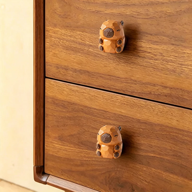 2Pcs Wooden capybara shaped cabinet knobs, hand-carved small cabinet handles with brass bases 2