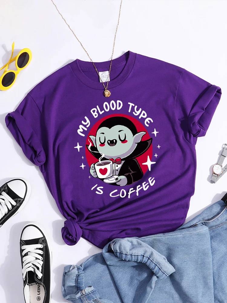 Vampire My Blood Type Is Coffee Print Tshirt Original Sport Tshirts Casual Loose Tshirt Niche Comfortable  Women Tshirt