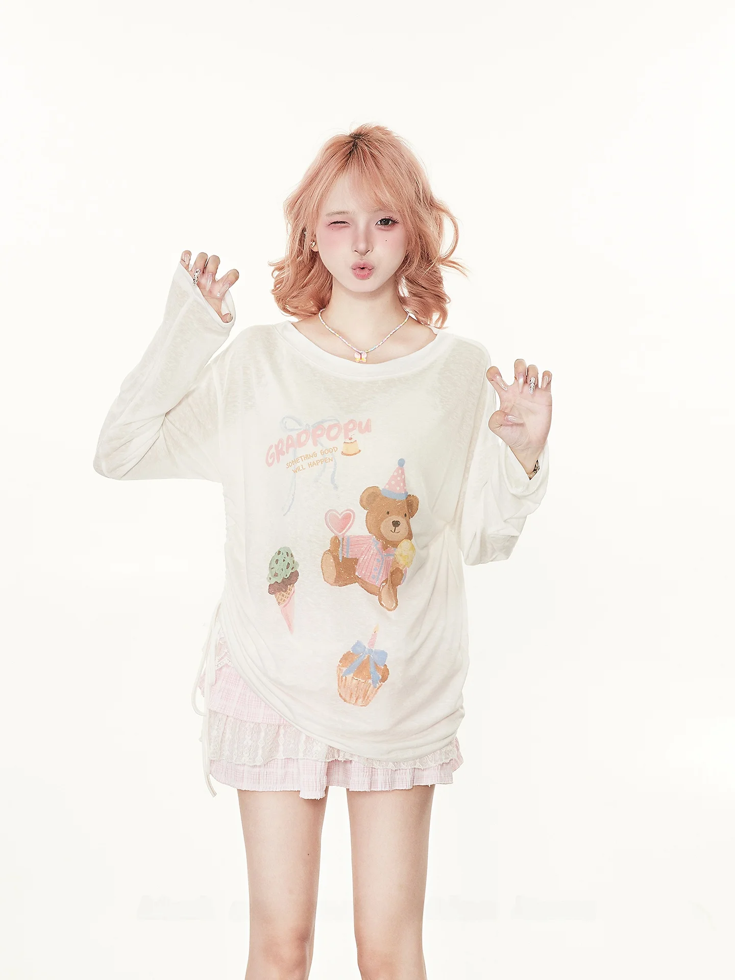 Sweet Casual Long Sleeve T-Shirt Women's Cute Bear Pattern Loose Top Spring Autumn Thin Drawstring Cover up Summer Breathable