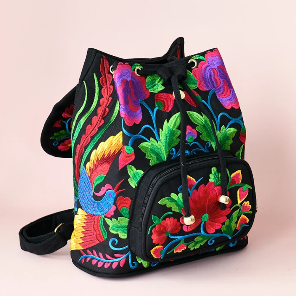 Flower Embroidery Pattern Women Backpack with Canvas Material and Drawstring Closure