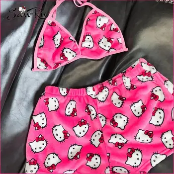 Sanrio Hello Kitty ensemble de pyjamas pour femmes vêtements de nuit 2 pièces débardeurs courts et Shorts Sexy en peluche Homewear femmes pyjamas ensembles de soutien-gorge
