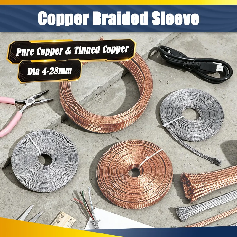 Copper/Tinned Copper Braided Sleeve Width 2 4 6 8 10 12 14 16 18 20 25 28mm Screening Signal Shielded Cable Metal Sheath 1/5/10m
