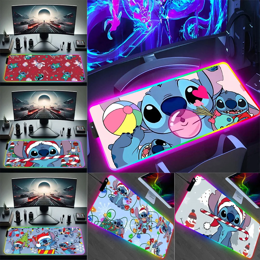 Disneies Stitch Christmas Hot RGB Pc Gamer Keyboard Mouse Pad Mousepad LED Glowing Mouse Mats Rubber Gaming Computer Mausepad