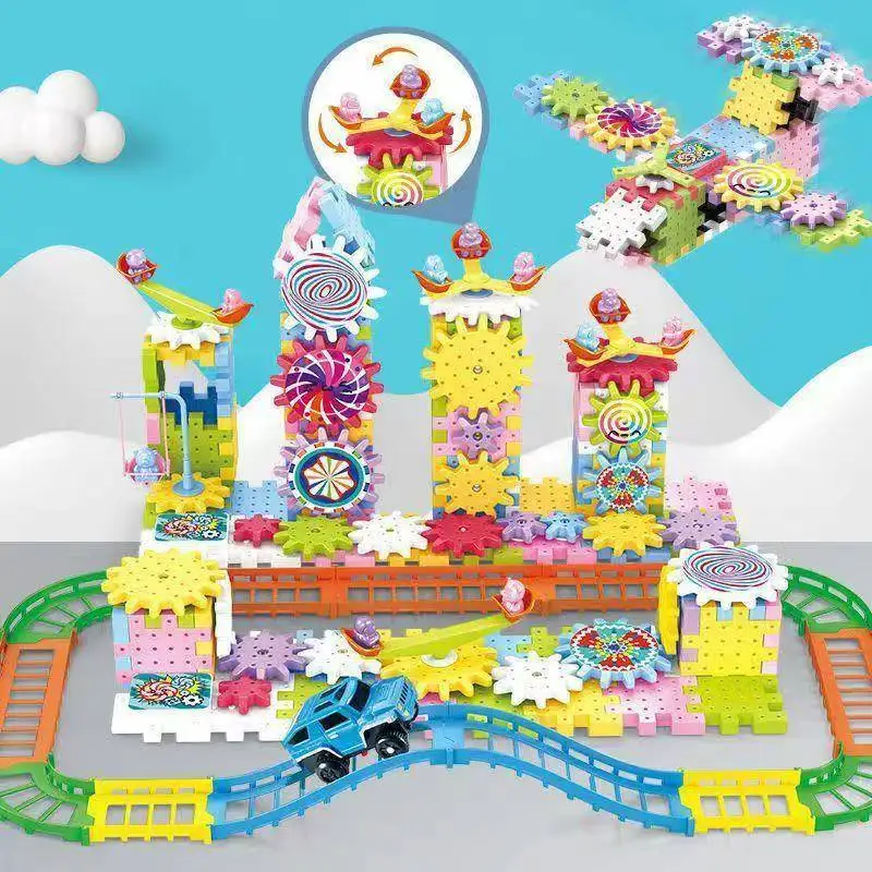 Coche de ferrocarril para niños, conjunto de juguetes de construcción de engranajes eléctricos, engranajes giratorios motorizados, bloques de construcción grandes, juego de juguetes de construcción STEM, regalos