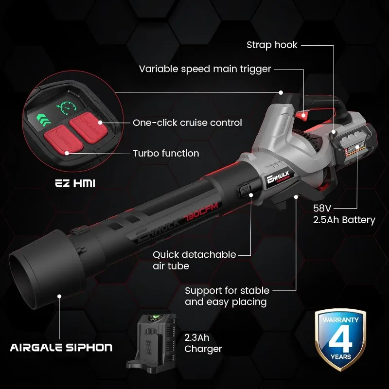 Leaf Blower Cordless, 58V Powerful Blower, 730 CFM Max. Turbo Variable-Speed, CoolBlast Tech, 2.5AH Battery and Charger