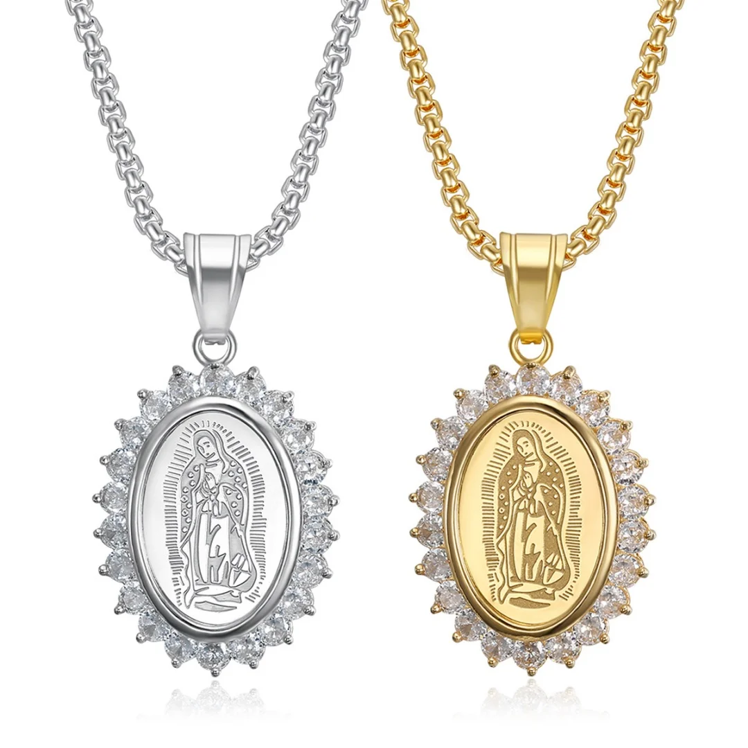 

Religious Iced Out Virgin Mary Medal Pendant Gold Color Stainless Steel Zircon Christian Madonna Necklace for Women Jewelry