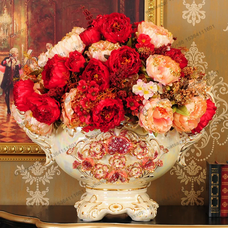 LJY luxury European living room floor-to-ceiling large vase ornament ceramic home decoration dried flowers
