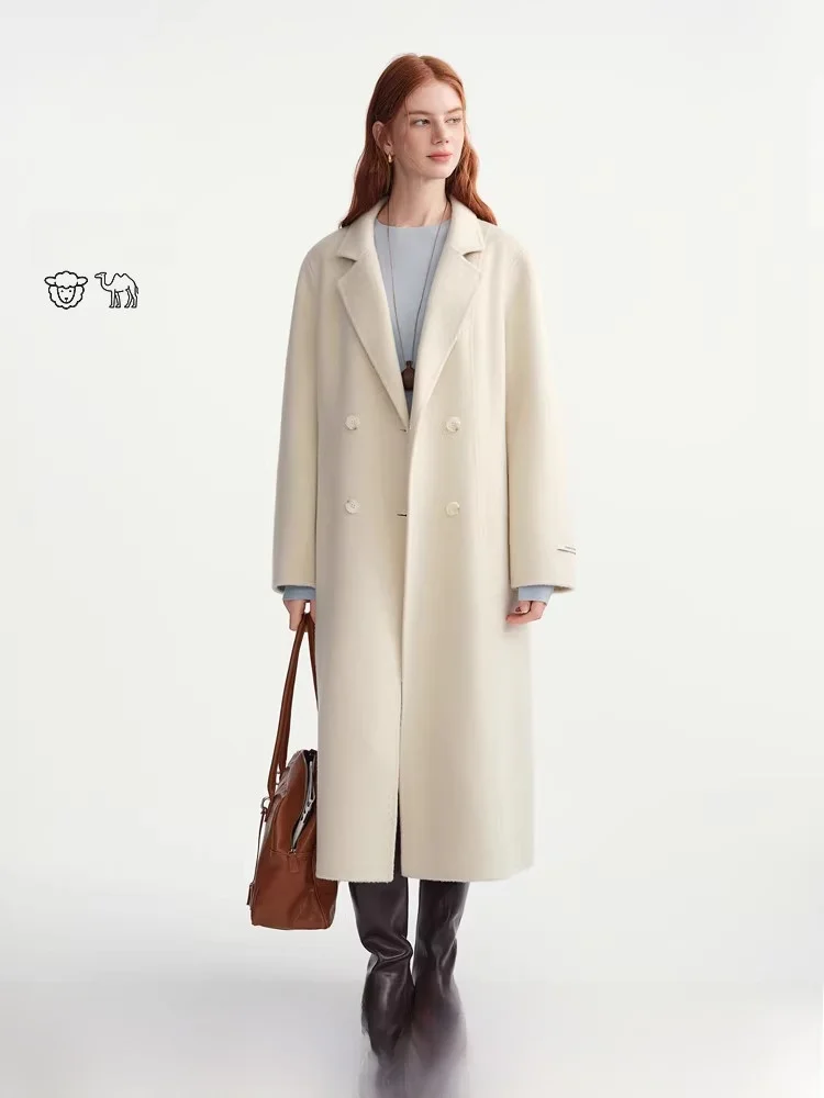 

Двустороннее шерстяное пальто большого размера, эксклюзивный дизайн, воротник-стойка, осень-зима, модный корейский стиль, прямой крой, шерстяная смесь