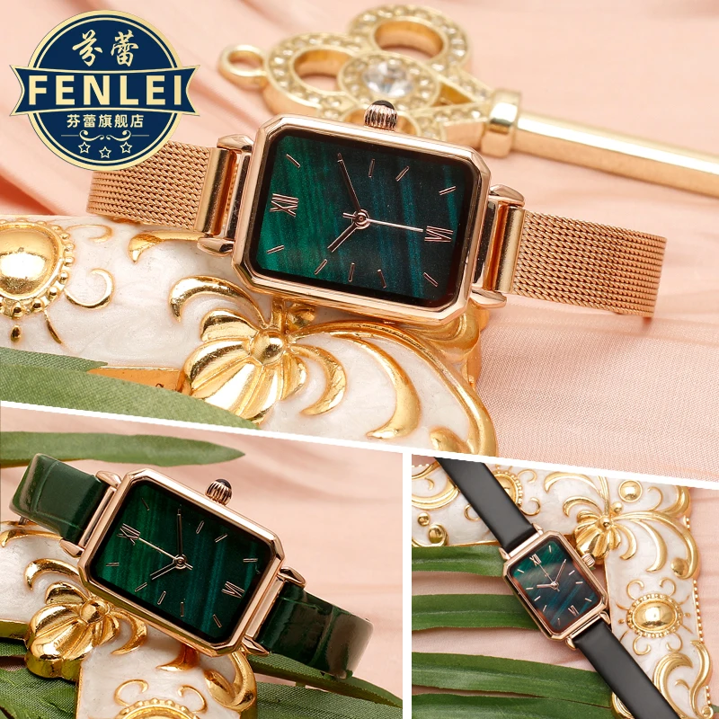 أربطة ساعات جلد أصلية للنساء ، لولا ذهبي وردي ، ستانلس ستيل ، المفاجئة المزدوجة ، سوار أخضر ، حجم صغير ، 10 مللي متر