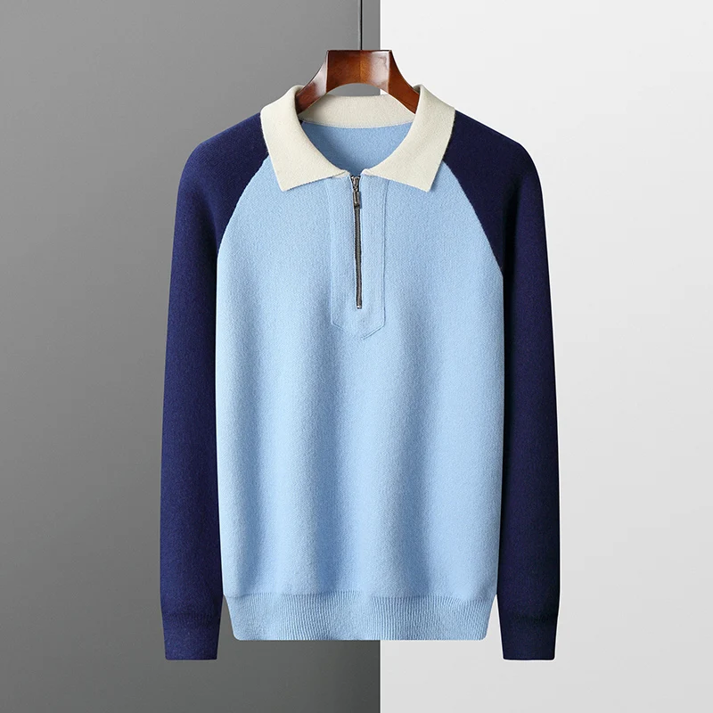 Kerah POLO 100% wol murni Sweater ritsleting setengah kerah pria Pullover rajut Fashion kemeja longgar musim dingin pemuda warna cocok atasan tebal