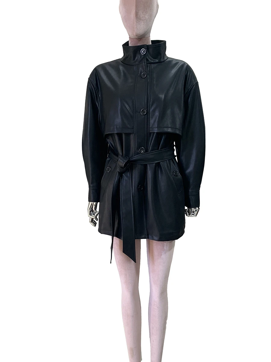 Spring Autumn Windproof Black Soft Pu Leather Trench Coat for Women Sashes Stand Collar Loose Casual Luxury Runway Fashion 2025