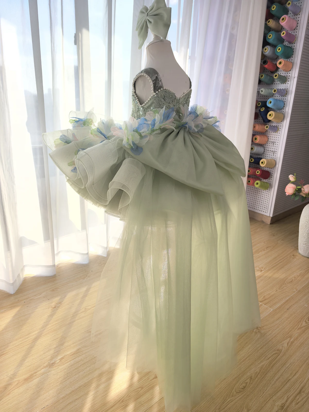 Girls Emerald Fairy Tale Princess Dress Puffy Tulle Tutu Long Tail Evening Gown Luxury Birthday Photoshoot Catwalk Formal Party