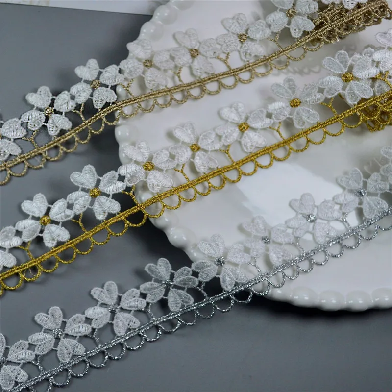 2-20Yds 3.5cm Wide Golden Sliver Edge White Flower Fabric Diy Wedding Fluorescent Gold Thread Embroidery Lace Accessories Trim