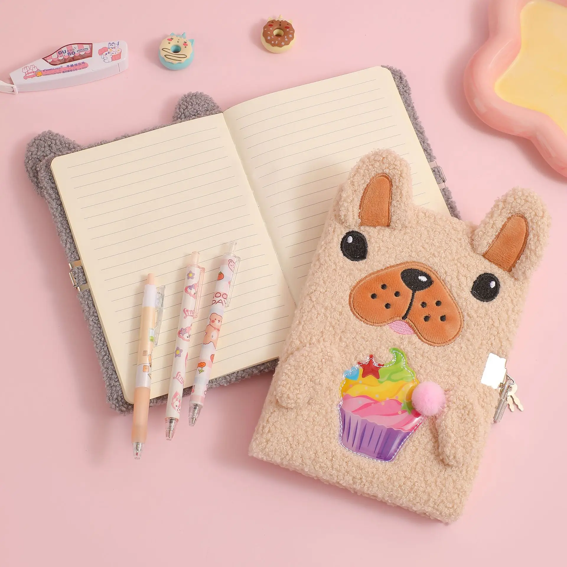 Kawaii Plush Puppy Shaped Diary Book with Lock A5 Polar Fleece Themed Cute Diary Korea Style A5 Notebook for Girls Stationery