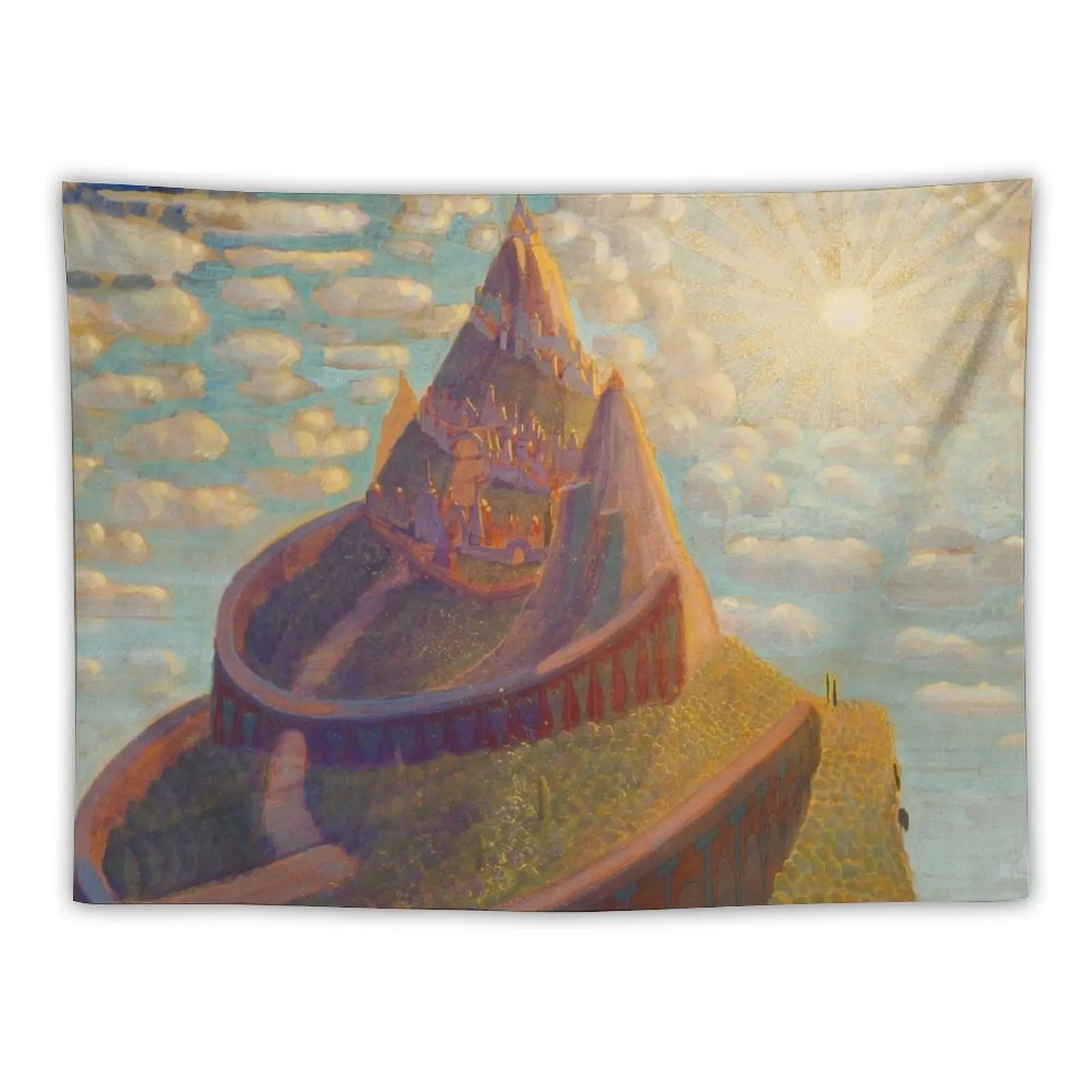 Morning sunrise, King Ludwig Fairy Tale Castle, magical realism landscape painting by Mikalojus Konstantinas Ciurlionis Tapestry