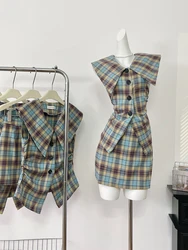 Summer Women Korean Stylish Vacation Old Money Plaid Vintage Office Outfits 2 Piece Set Elegant Tank Tops + Mini Shorts Skirt