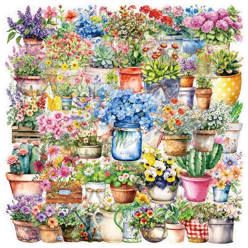 50pcs Watercolor Potted Flowers Transparent Duplicate Account DIY Luggage Water Cup Decoration Waterproof Sticker