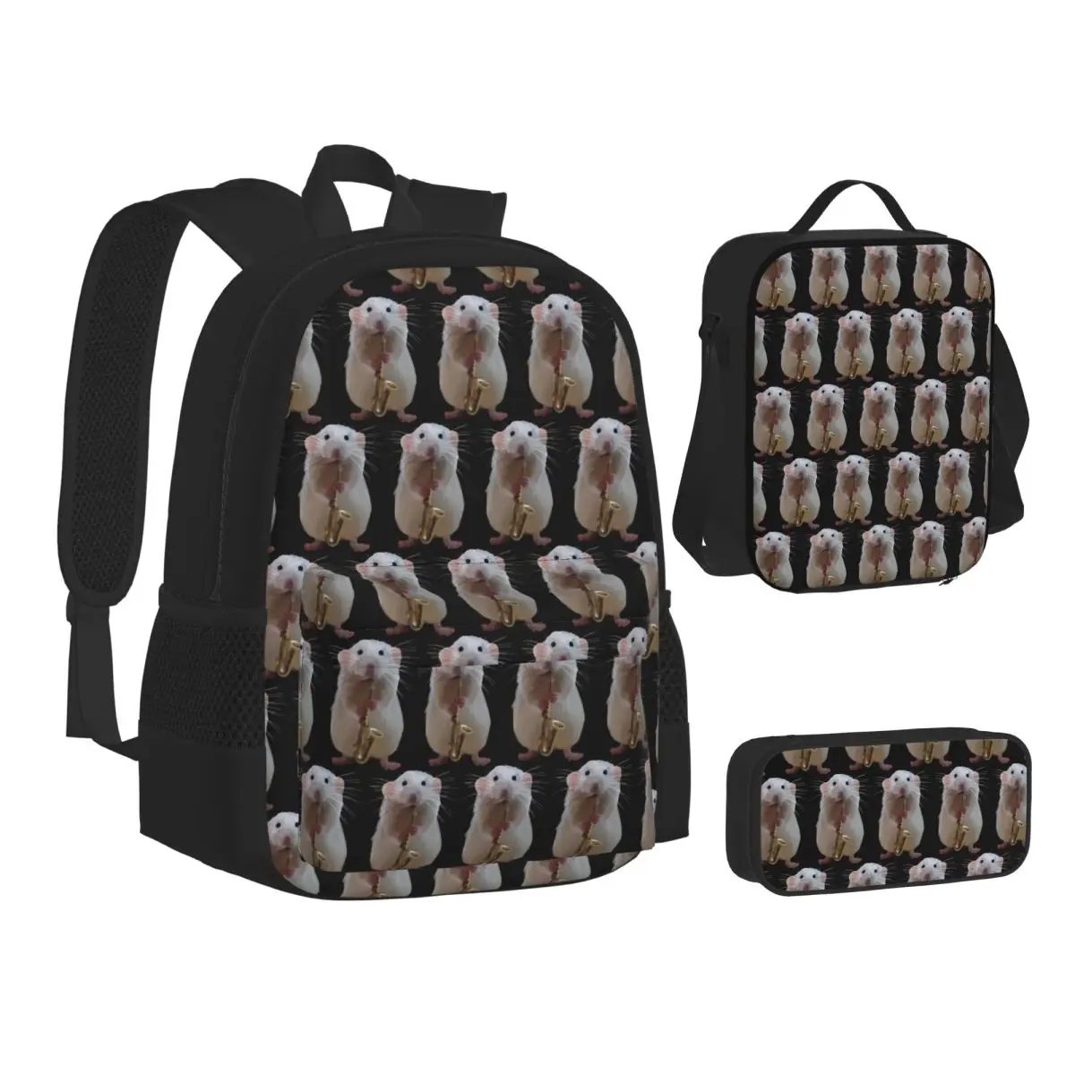 Rat Playing The Saxophone Backpacks Boys Girls Bookbag Children School Bags Kids Rucksack Lunch Bag Pen Bag Three-Piece Set