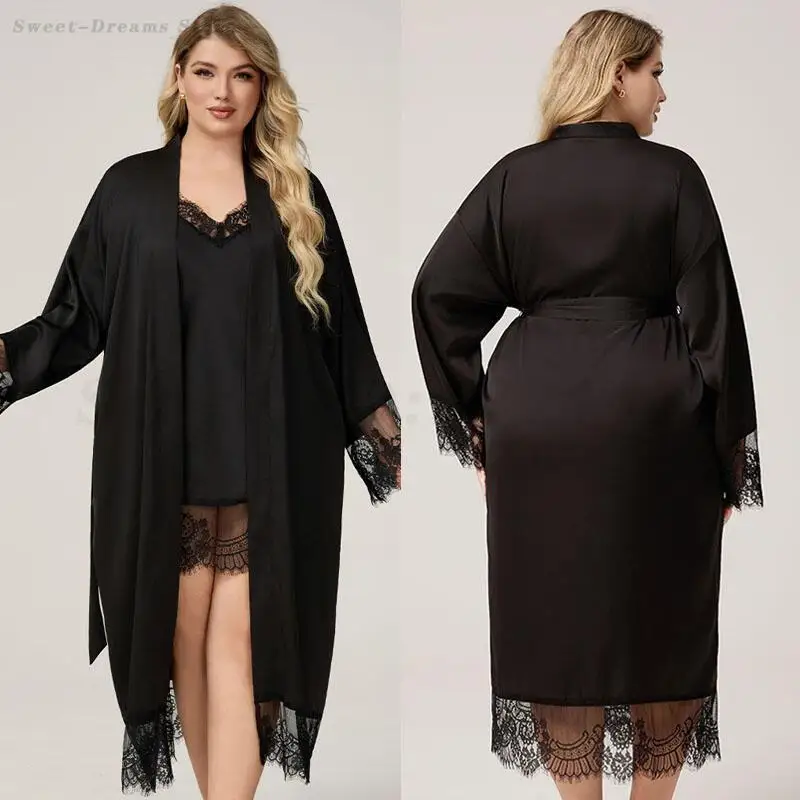

Black Lace Twinset Robe Set Sexy Mini Spaghetti Strap Nightdress Satin Chiffon Bathrobe Sleepwear Loose Casual Home Dress XL-5XL