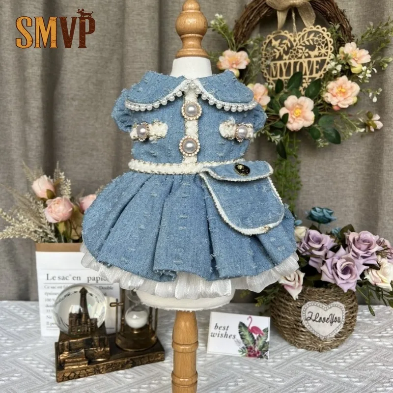 Handmade Pet Denim Dress Pearl Embellished Doll Collar Faux Button Details Pocket Ruffled Hem Vintage Style Celebration Costume