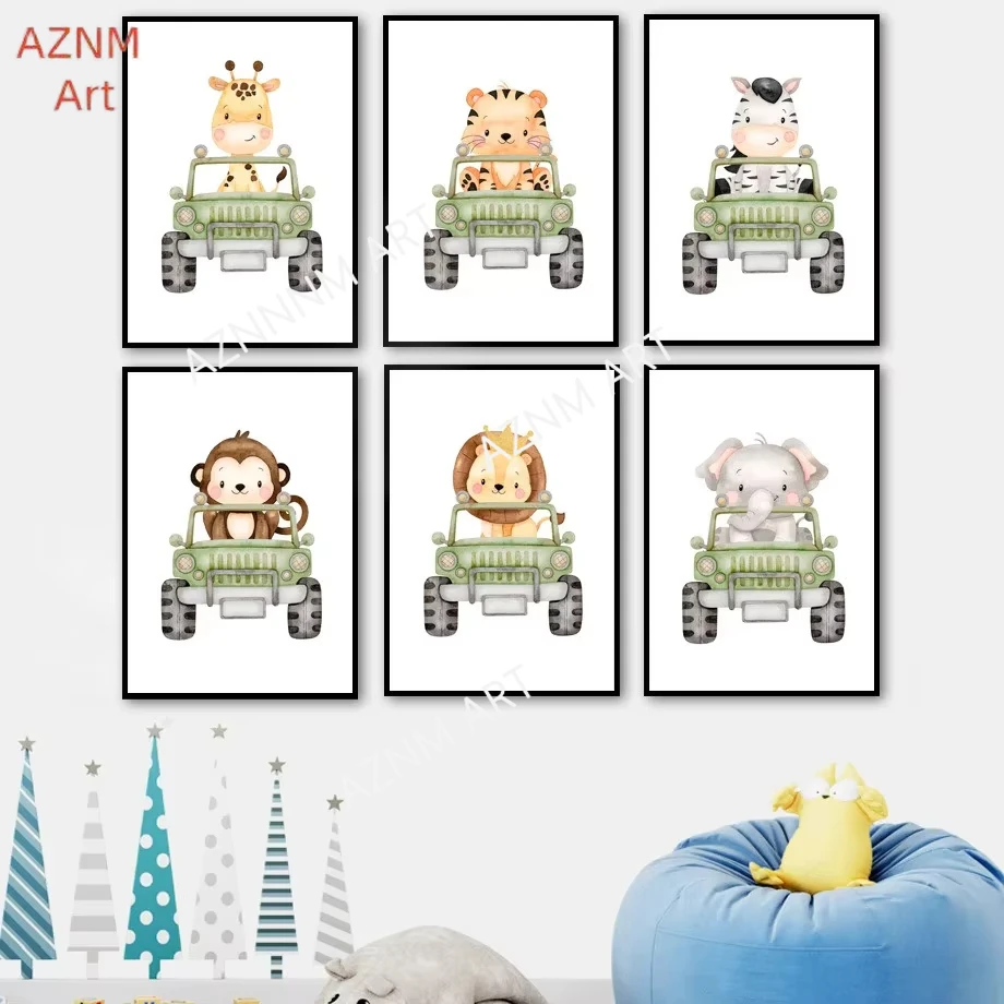 1/6 stücke Auto Club Tier Elefant Giraffe Löwe Zebra Tiger Wand Kunst Poster Drucken Leinwand Malerei Nordic Bilder kinder Zimmer Dekor