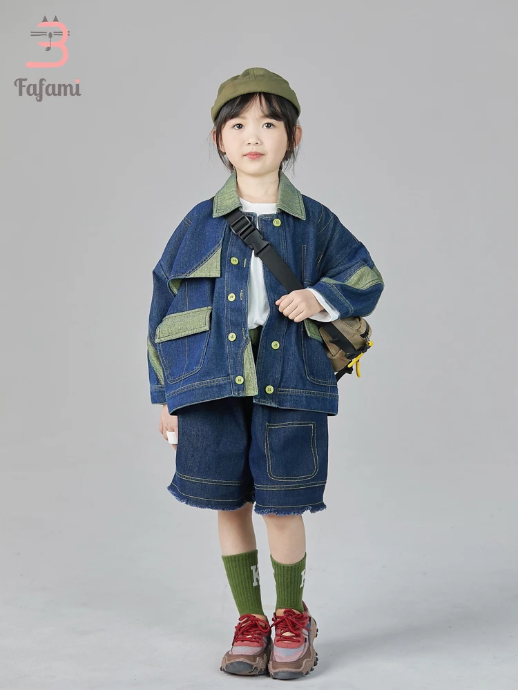 

Girls Outfit Sets Casual Denim Jacket & Loose Shorts Wide Leg Jeans Boy's Outerwear Button Front Patchwork Coats Kids Clothes