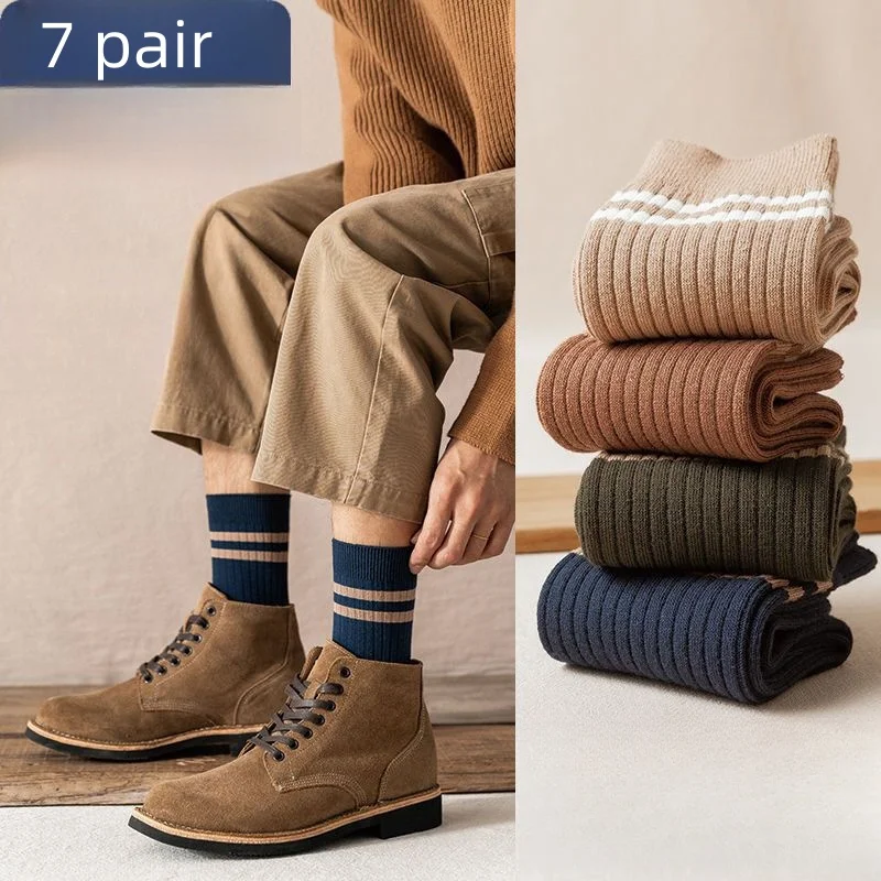 Men\'s Striped Fashion Casual Socks Harajuku Retro High Quality Cotton Socks Men\'s Business Socks 7 Pairs