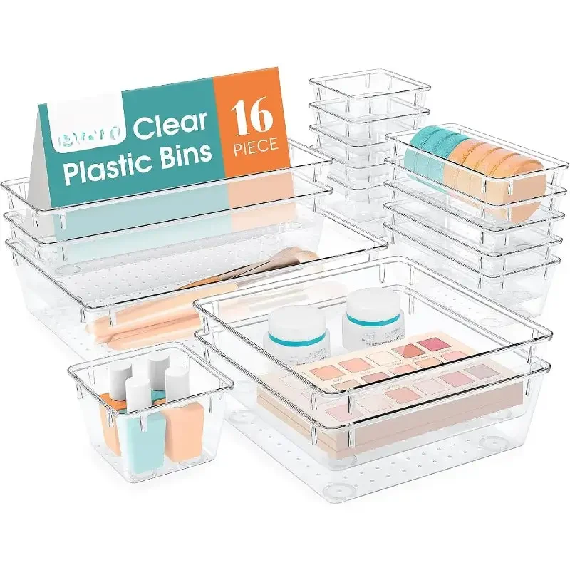 16 PCS Drawer Organizer Set ,5 Varied Size Bathroom and kitchen Drawer cabinet organizer Trays,Clear Storage Bins