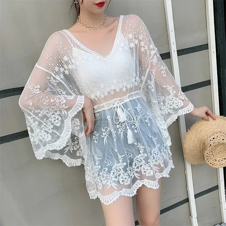 2024 new hollow lace perspective bikini blouse bat sleeve short pullover sunscreen clothes air conditioner shirt