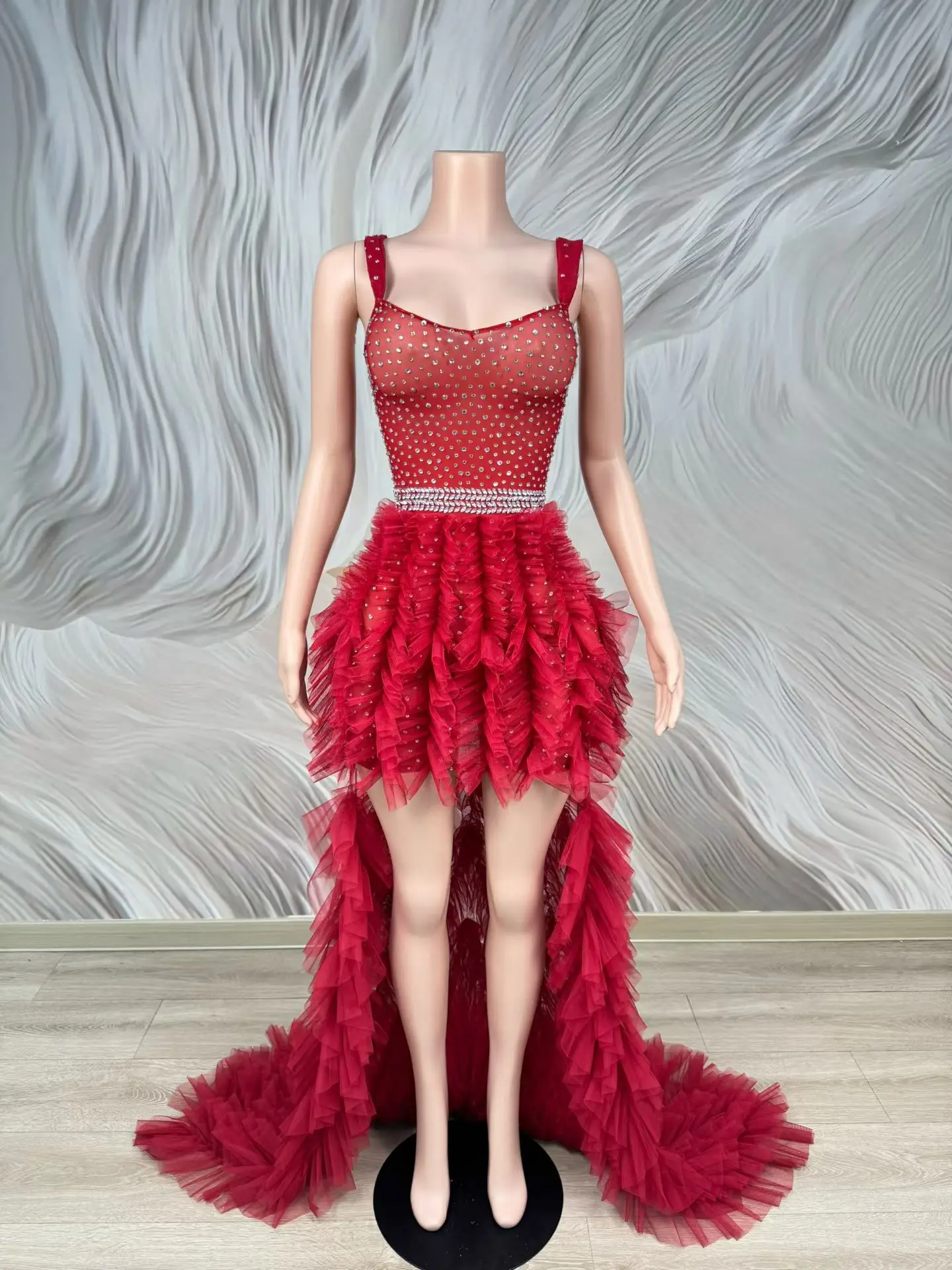 Elegant Sparkly Rhinestone Slip Long Tail Mini Dress Party Birthday Celebrate Sexy Mesh Pleated Evening Gown Stage Outfit Furong