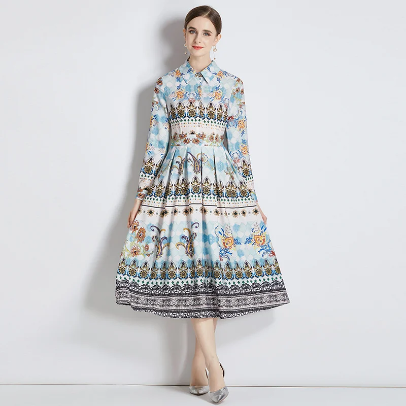 

2023 New Fashion Style Silk Printed Dress Women's Summer Versatile Long Sleeve Loose Fit Casual Holiday Dress Vestidos