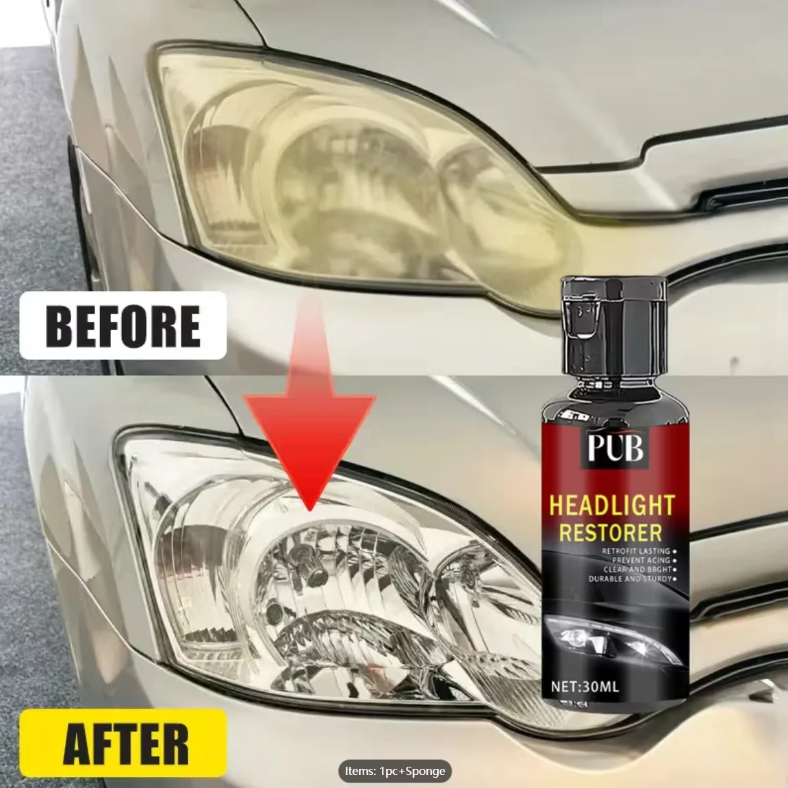Latest car headlight repair kit, designed for easy maintenance, intended to restore faded and discolored lights. The polish effe