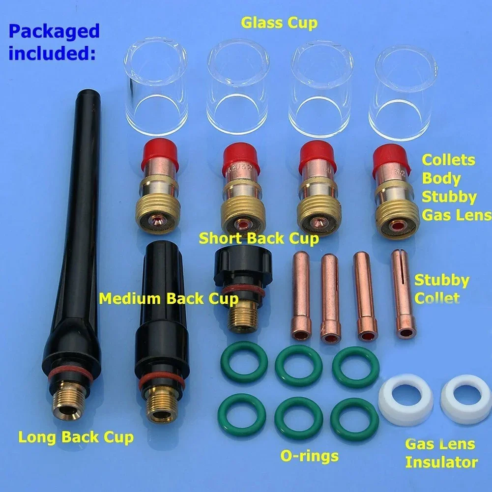 23Pcs TIG Welding For Stubby Gas Lens #10 Cup Kit For Tig WP-17/18/26 Torch Short Gas Lens Set Welding Accessories