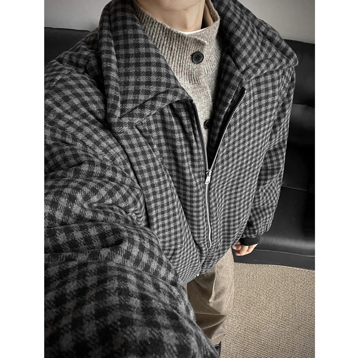 Men's Vintage Plaid Wool-Blend Thickened Cotton Jacket - Black (M-2XL) | Old Money Style American Short Coat