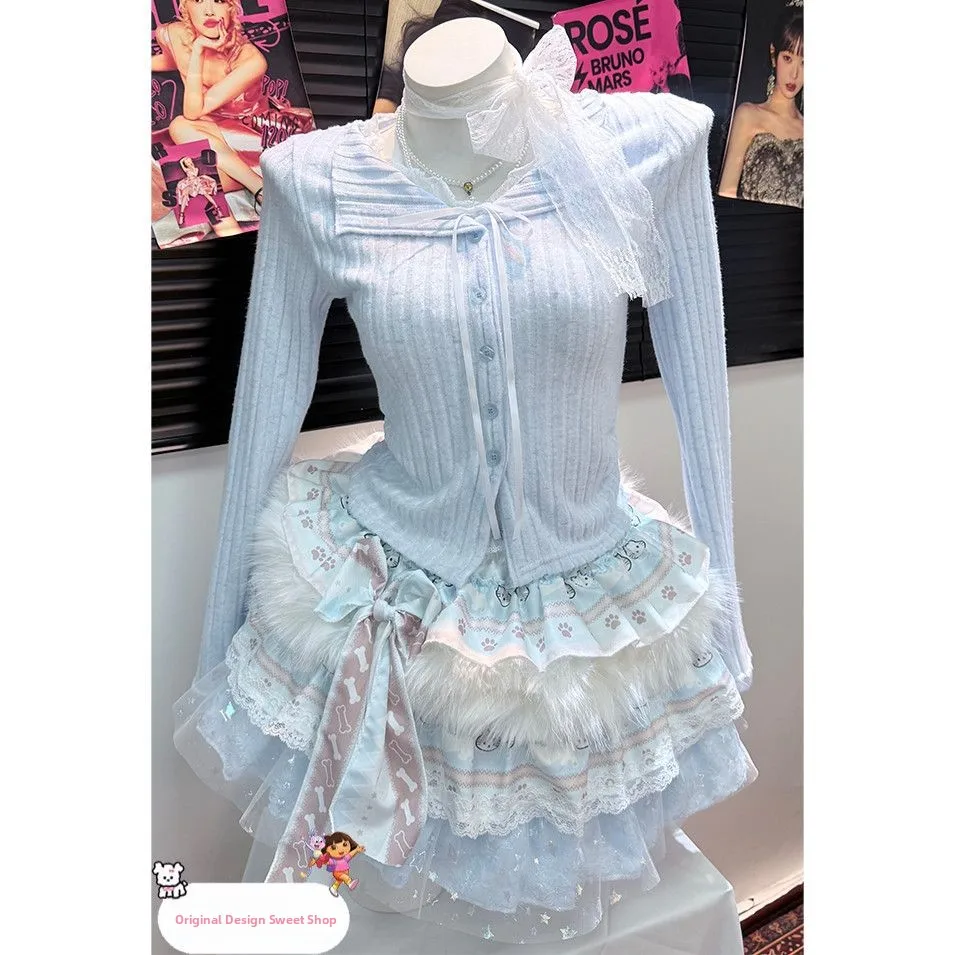 오리지널 핸드메이드 바다 소금 니트 롱 스웨터 레이스 디자인 Y2K 플러피 케이크 스커트 혼합 소재 여성 탑