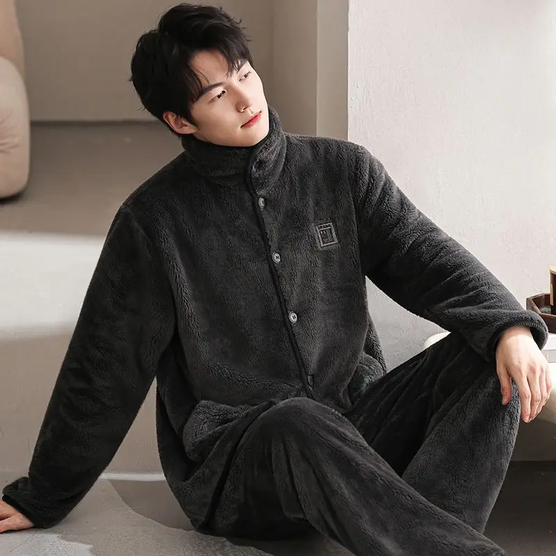 

Sleepwear Pajamas for Men Set Autumn Winter Suits Coral Fleece Home Wear Cardigan Large-sized Warm Clothing Worn Outside